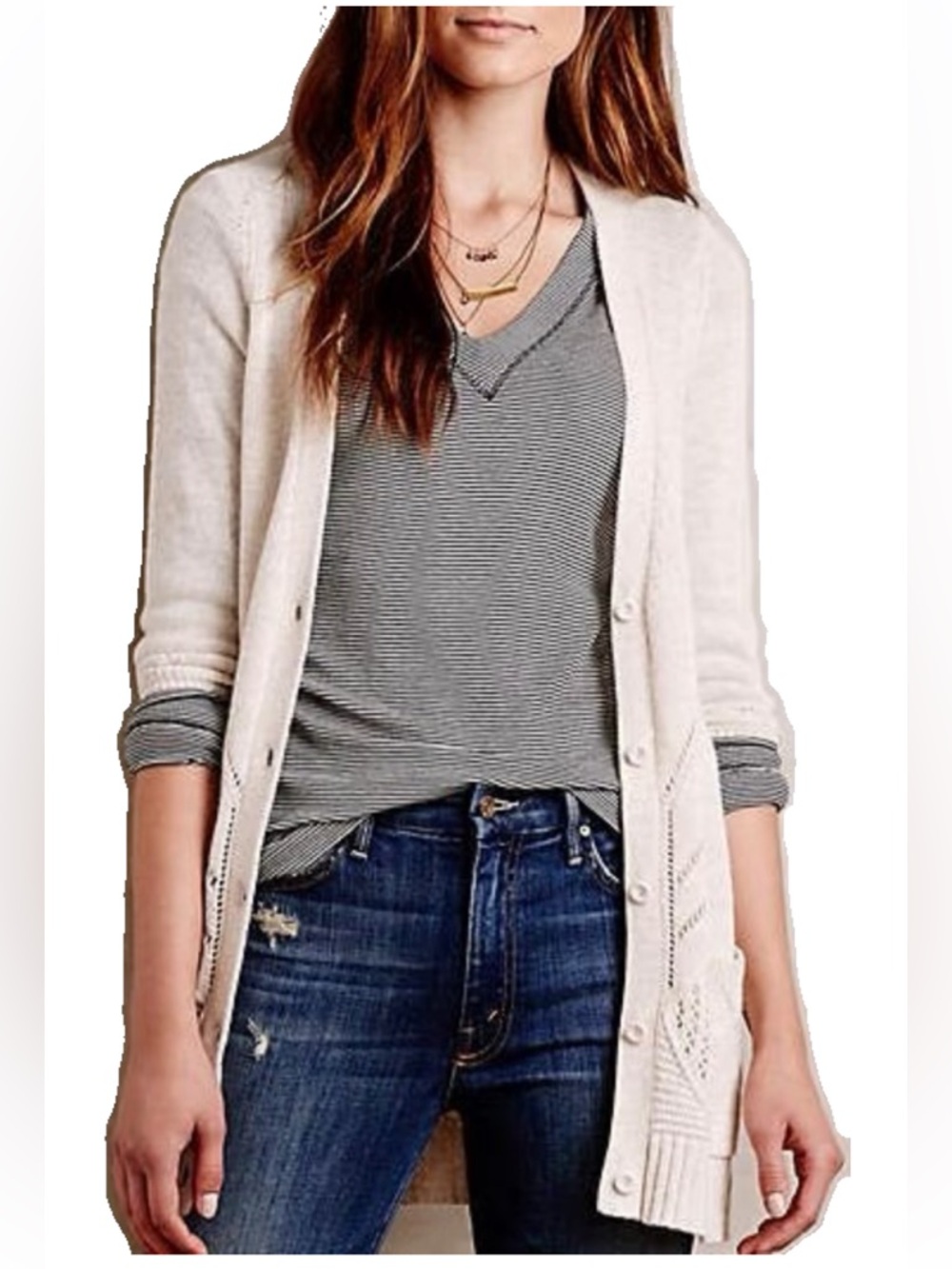 Elin Pointelle Cardigan Anthro Moth Cashmere blend M medium cream ivory offwhite